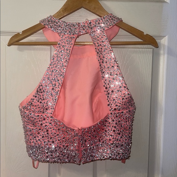 Formal prom dress is size 8 neon coral orange peach with open back. 2 piece - Picture 3 of 16